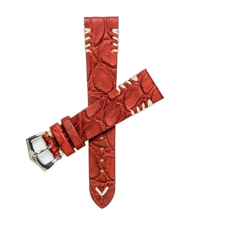 Red Rubberized Crocodile Watch Strap White Tribal Stitches - Milano Straps