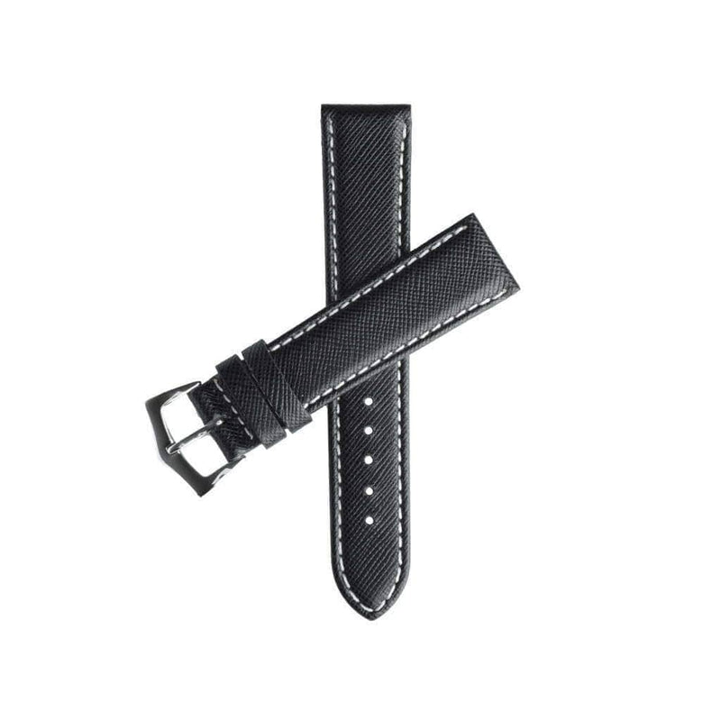 Black Saffiano Folded Edge White Stitches Watch Strap - Milano Straps