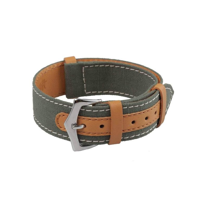 Green Canvas & Brown Leather Military Watch Strap - Milano Straps
