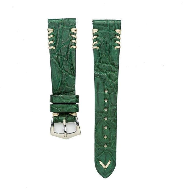 Green Rubberized Crocodile Watch Strap Ecru Tribal Stitches - Milano Straps