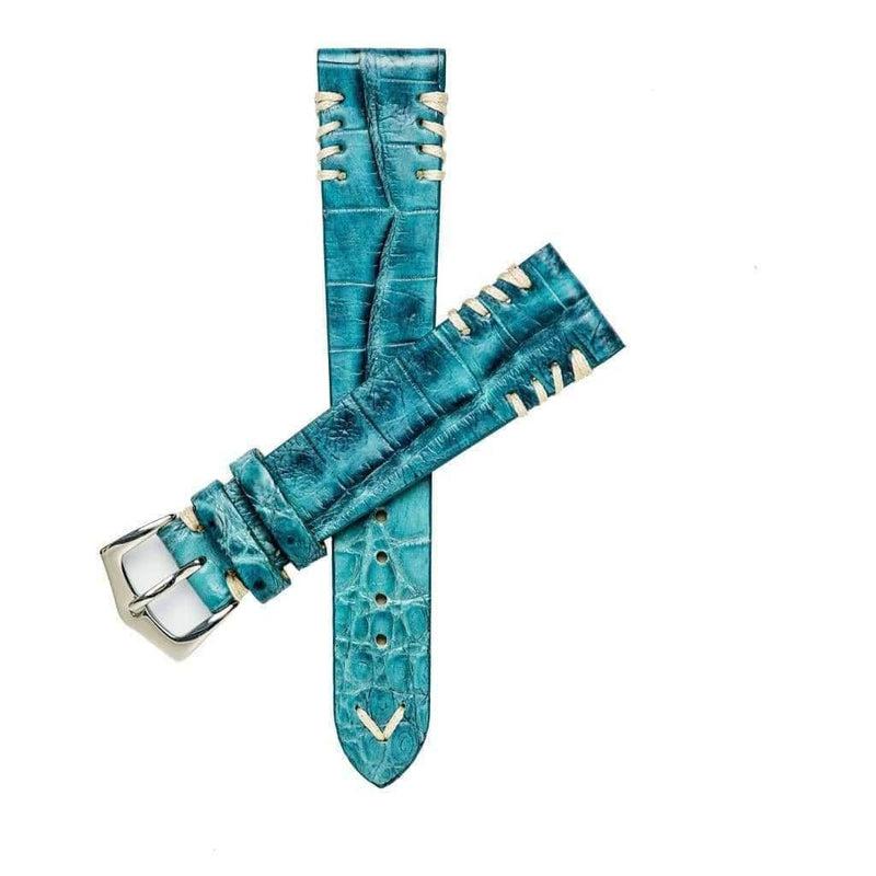 Light Blu Alligator Ecru Tribal Stitches Watch Strap - Milano Straps